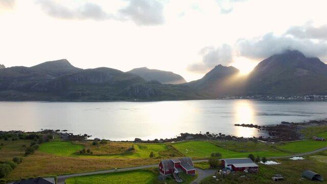 Aerial drone footage of Gravdal, Lofoten Islands in Norway