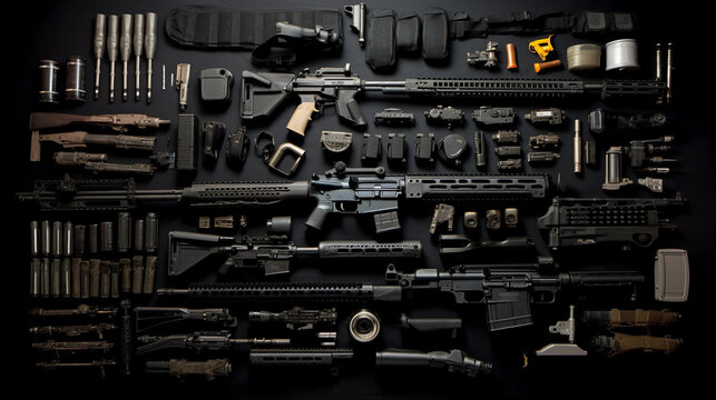 weapon arsenal, secret arsenal, black background, various weapons on a black wall.