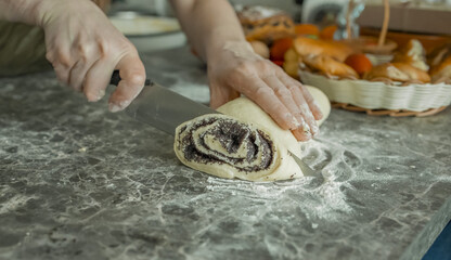 The hands of a young woman form and place delicious homemade buns desserts with poppy seeds on a baking tray. Cooking a delicious dessert at home
