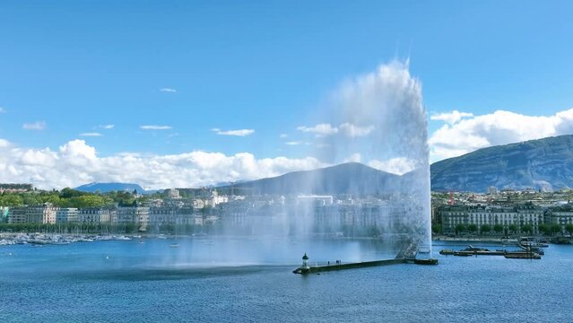 Aerial shot over a fountain in geneva lake, switzerland