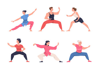 Fototapeta na wymiar People Character Practicing Tai Chi and Qigong Exercise as Internal Chinese Martial Art Vector Illustration Set