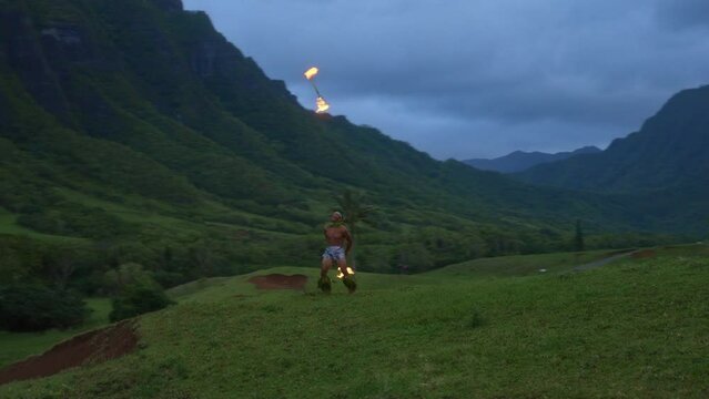 Epic Samoan Fire Knife Dancer In Hawaii At Dusk