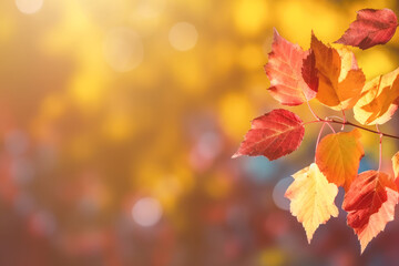 Beautiful autumn leaves in fall sunny day in foreground and blurry background. Generative AI.