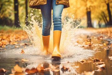 Woman wearing rain rubber boots walking running and jumping into puddle with water splash and drops. Generative AI.