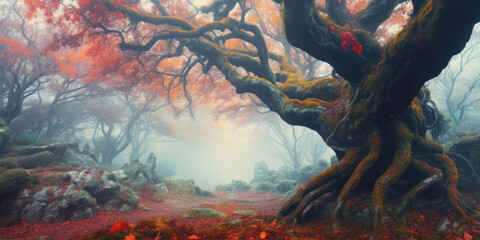 A dense, mystical fog enveloping ancient trees in an enchanted forest. Generative AI 