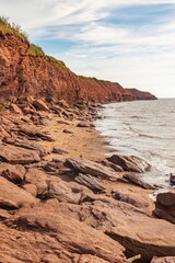 Obraz premium Vertical closeup shot of a rocky ocean coast surrounded by a hill