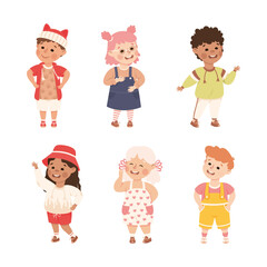 Little Boy and Girl Standing and Talking to Each Other Engaged in Friendly Communication Vector Set