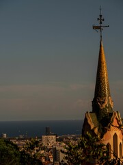 Vertical shot of tower in the Park Guell at dusk in Barcelona, Spain