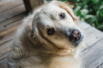 Beautiful closeup shot of a fluffy golden retriever looking up at the camera with pleading eyes