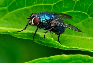 Closeup of Exotic Fly Diptera resting on a plant leaf