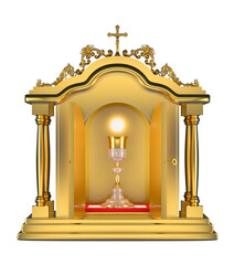 A tabernacle containing the consecrated host and the chalice with the consecrated wine, which are the Body and Blood of Our Lord Jesus Christ. Sacrament of the Eucharist - 3D Illustration
