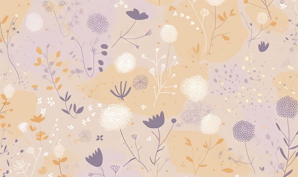  a pattern of flowers and plants on a yellow and purple background with a white dot in the middle of the image and a light pink circle in the middle of the image.  generative ai