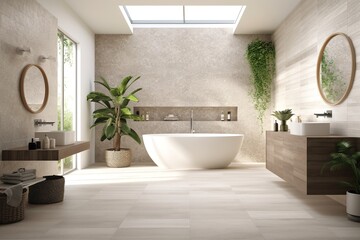 Obraz na płótnie Canvas Modern bathroom interior, beige interior, generative ai