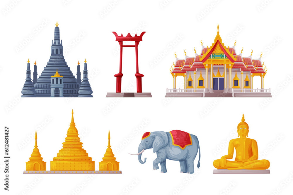 Poster thailand symbols and object with building and statue vector set