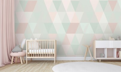Fototapeta na wymiar a baby's room with a crib, crib, and a wallpapered wall in pastel colors with a geometric pattern. generative ai