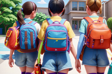 illustration of three girls with school satchel and going into school, some school buildings with windows, trees and crowd in back, generative AI - obrazy, fototapety, plakaty