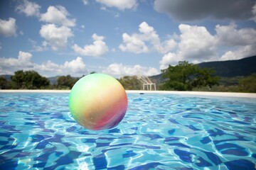Fototapeta na wymiar Closeup shot of a colorful pool ball on the water on a sunny day