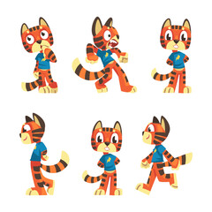 Obraz na płótnie Canvas Striped Tiger Character in Blue Shirt with Orange Fur Vector Set