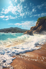 Discover a coastal haven where the rhythmic crash of waves serenades the soul, while a golden sandy beach invites moments of blissful relaxation. Generative AI  