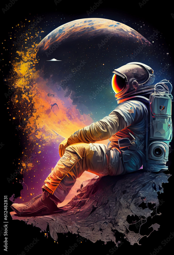 Wall mural astronaut sitting on a planet outer space, cosmonaut relaxing on the moon fantasy illustration, gene