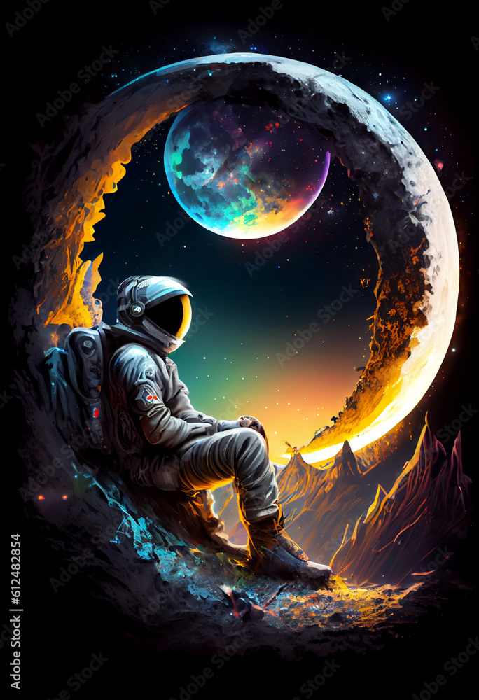 Wall mural astronaut sitting on a planet outer space, cosmonaut relaxing on the moon fantasy illustration, gene