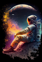 Astronaut Sitting on a Planet Outer Space, Cosmonaut Relaxing on the Moon Fantasy Illustration, Generative AI