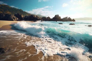 Immerse yourself in the tranquility of a coastal paradise, where crashing waves meet a pristine golden sandy beach. Generative AI  