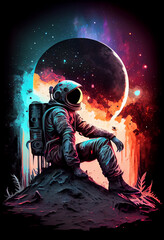Obraz na płótnie Canvas Astronaut Sitting on a Planet Outer Space, Cosmonaut Relaxing on the Moon Fantasy Illustration, Generative AI