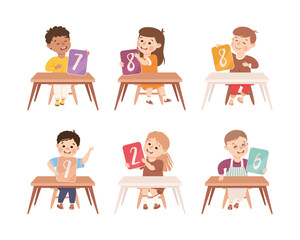 Little Children with Numbers Sitting at Desk Showing Card with Numeral Vector Set