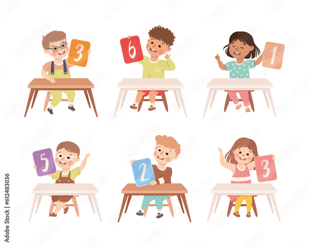 Poster little children with numbers sitting at desk showing card with numeral vector set