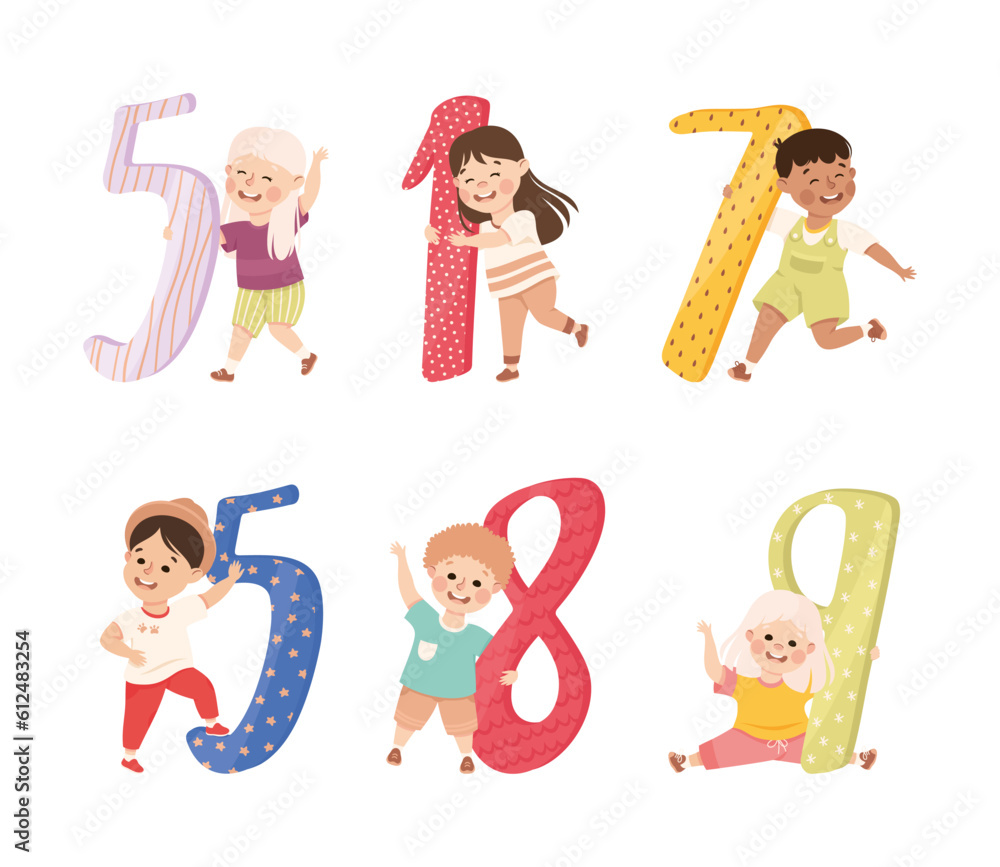 Poster little children holding number or numeral learning basic counting vector set