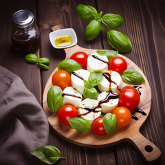 Obraz na płótnie Canvas Italian caprese salad with sliced tomatoes, mozzarella cheese, basil, olive oil. Generative AI