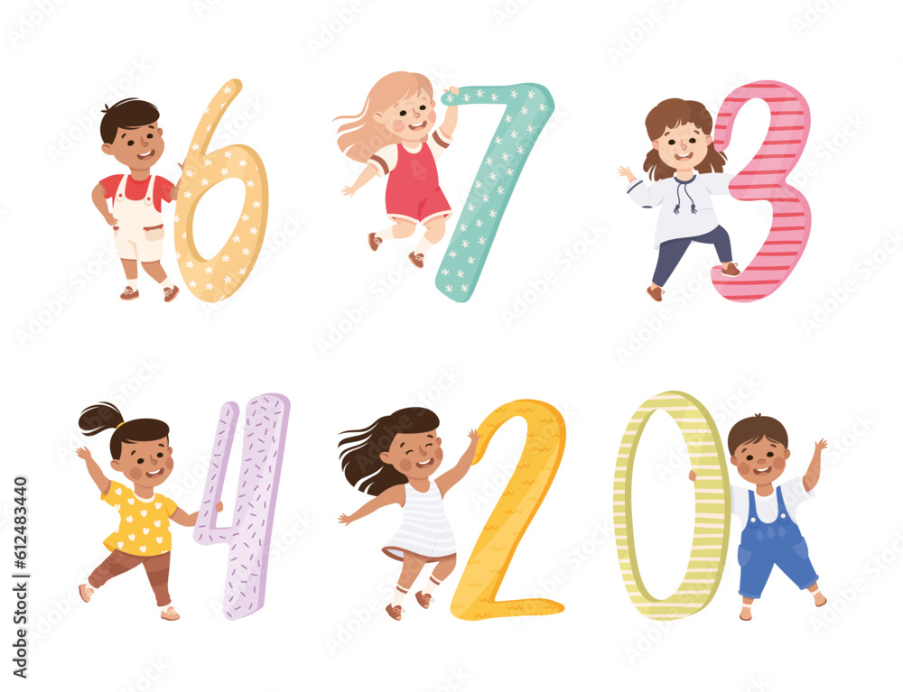 Poster little children holding number or numeral learning basic counting vector set