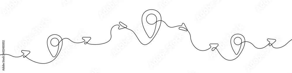 Poster label on map icon line continuous drawing vector. one line location icon vector background. arrow lo
