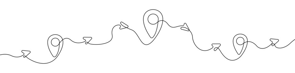 Label on map icon line continuous drawing vector. One line Location icon vector background. Arrow location icon. Continuous outline of a Path along location markers.