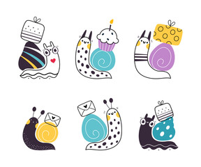 Cute Snail Character with Shell Carrying Gift Box and Cupcake on Its Back Vector Set