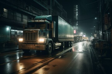 Naklejka na ściany i meble A truck transporting shipping containers at night through dark city streets. Generative AI
