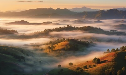  a beautiful view of a mountain range with low lying clouds in the foreground and the sun setting in the distance with a few clouds in the foreground.  generative ai