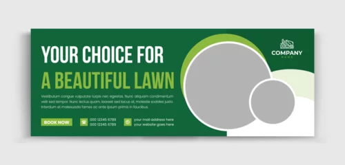 Wandcirkels aluminium Lawn Care agriculture service for social media cover or post design template, modern lawn mower garden, or landscaping service. Social media banner for ads, banner social media. © azgraphics_01