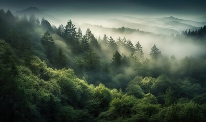  a forest filled with lots of trees covered in fog and mist covered mountains in the distance with low lying clouds in the sky above the trees.  generative ai
