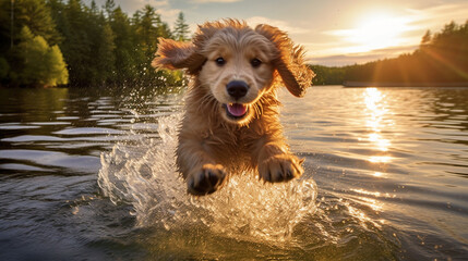 A heartwarming moment captured as a puppy gleefully jumps into a calm lake, creating ripples in the water with its pure excitement Generative AI