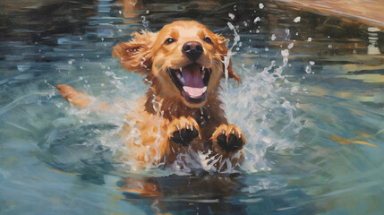 A delightful scene of a playful puppy splashing and frolicking in a sparkling pool, its joy and enthusiasm contagious Generative AI