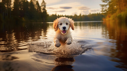 A heartwarming moment captured as a puppy gleefully jumps into a calm lake, creating ripples in the water with its pure excitement Generative AI
