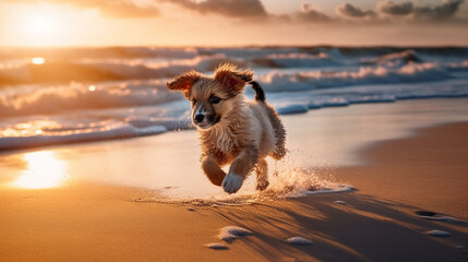 An adorable photo of a puppy chasing waves at the beach, its paws leaving imprints in the wet sand as it enjoys the thrill of the ocean Generative AI
