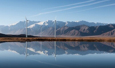  a group of windmills sitting in the middle of a lake with mountains in the background and a blue sky with clouds in the background.  generative ai
