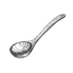 Vector hand-drawn vintage illustration of wooden soup ladle in engraving style. Sketch of cooking equipment isolated on white. - 612485226
