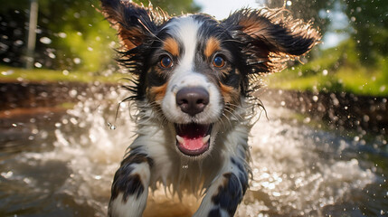 A lively photo of a puppy joyfully bounding through a sprinkler, with water droplets spraying in all directions, creating a vibrant and dynamic composition Generative AI