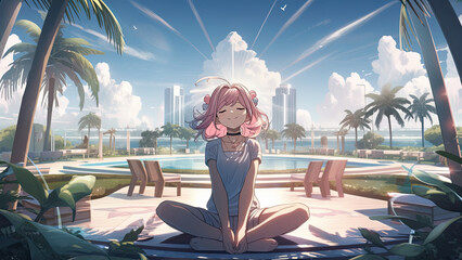 Yoga pose outdoor on a resort island near the ocean - Generative AI