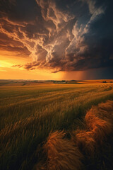 A dramatic stormy sky casting shadows over a peaceful countryside landscape. Generative AI  