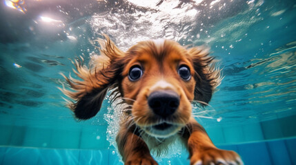 An adorable photo of a puppy confidently swimming in a pool, showcasing its natural aquatic abilities and the joy it finds in the water Generative AI - obrazy, fototapety, plakaty